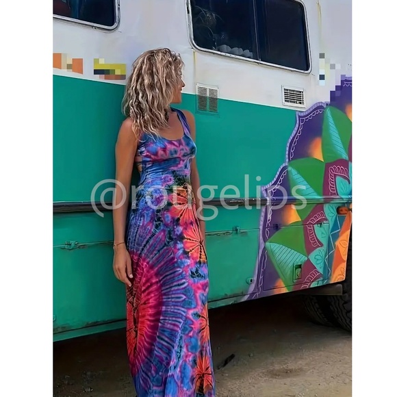 Criss Cross Open Back Tie Dye Multicolor Maxi Dress - Picture 5 of 8
